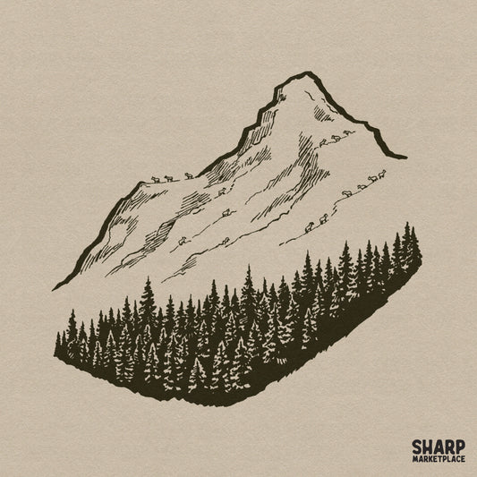 Majestic mountain peak silhouette with wild goats and pine trees for rustic camping retro sublimation designs