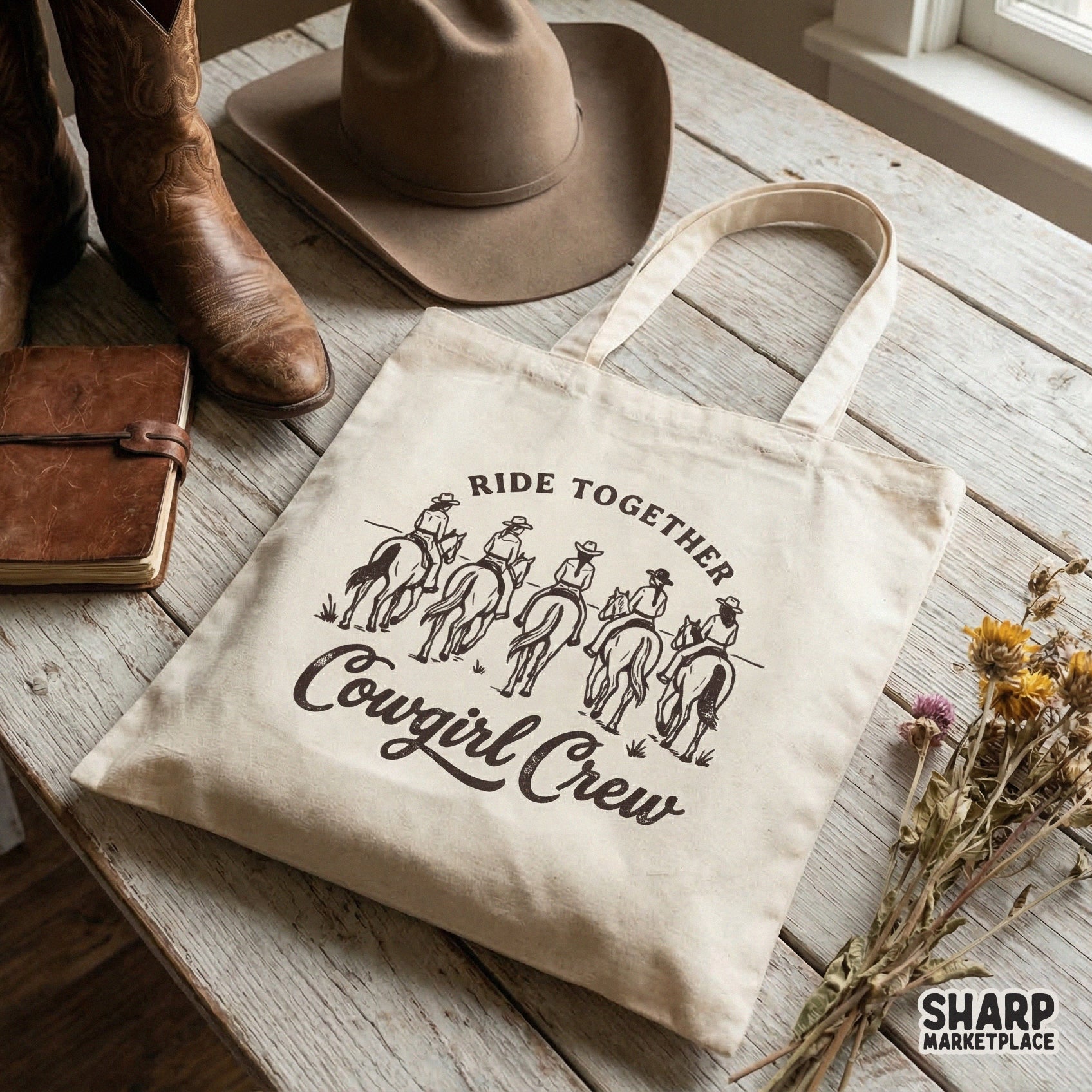 Vintage-inspired western graphic with five cowgirls riding in a row, suitable for DIY print-on-demand projects, stickers, or custom tote bags.
