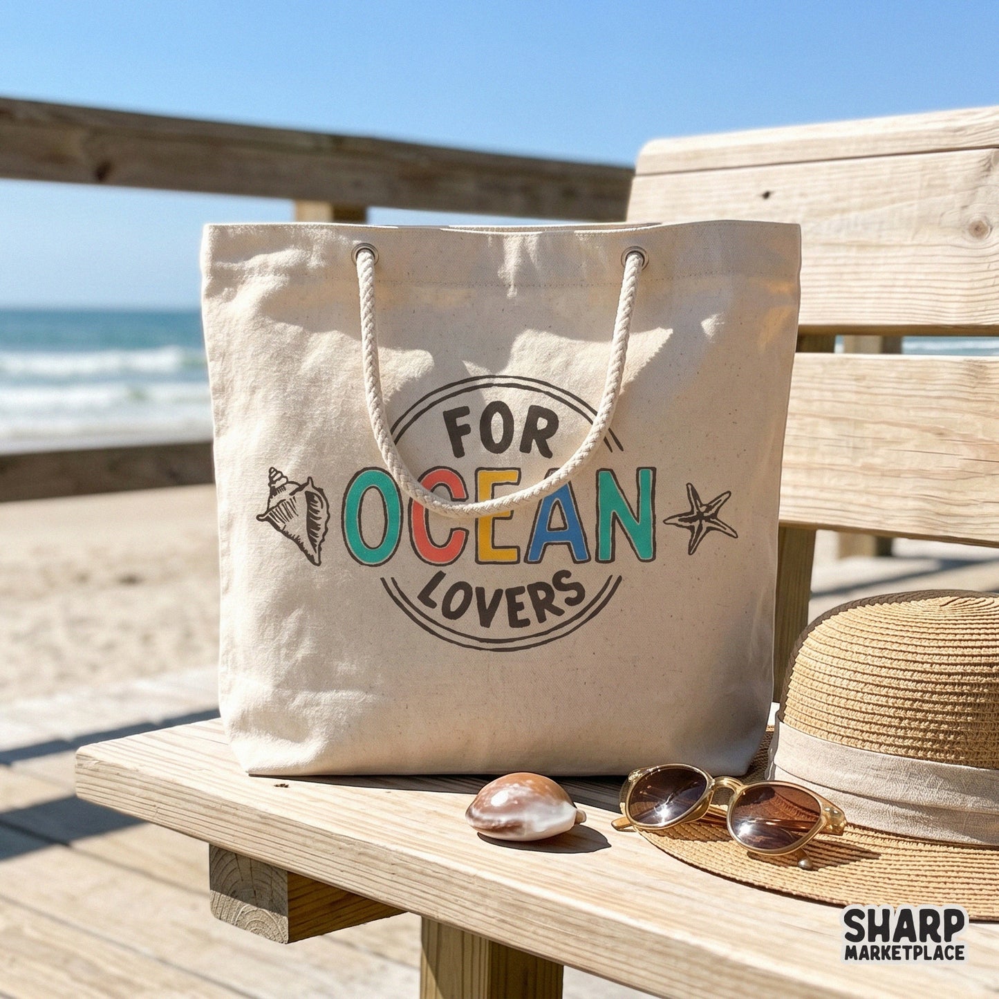 Vibrant For Ocean Lovers digital graphic with hand-drawn shell and starfish accents, perfect for DIY beach stickers, tumblers, and nautical wall art.
