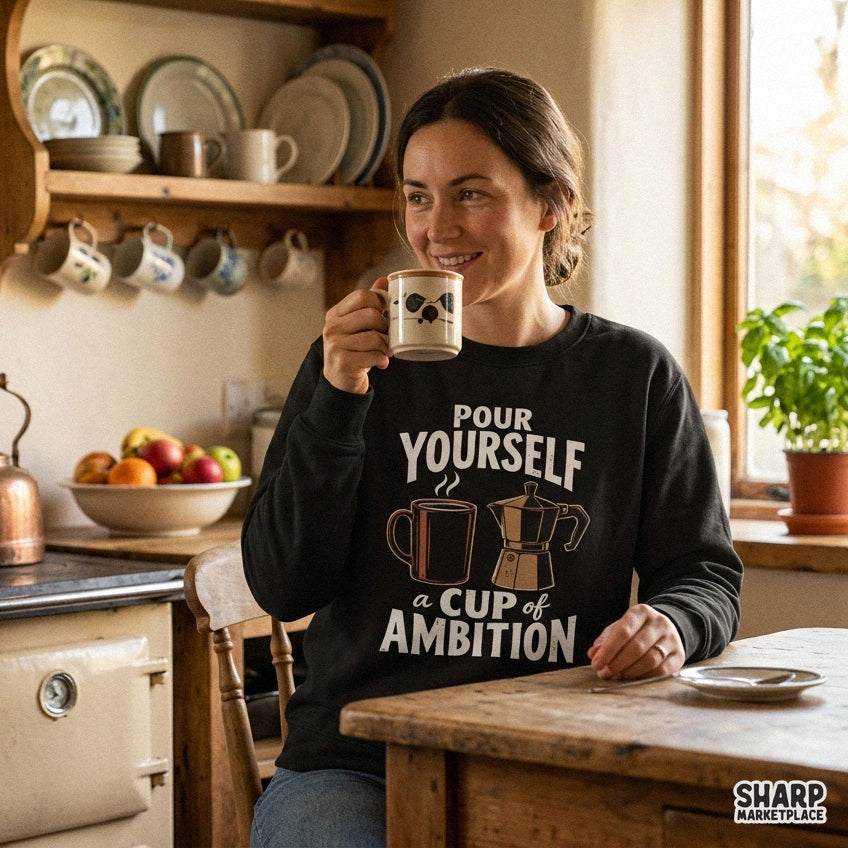 Retro coffee pot and mug PNG design with funny pour yourself a cup of ambition quote for t-shirt sublimation