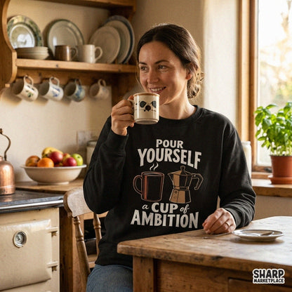 Retro coffee pot and mug PNG design with funny pour yourself a cup of ambition quote for t-shirt sublimation
