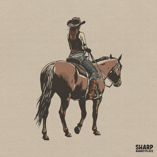 Rustic vintage cowgirl riding a horse from behind view digital western png design for country t-shirts