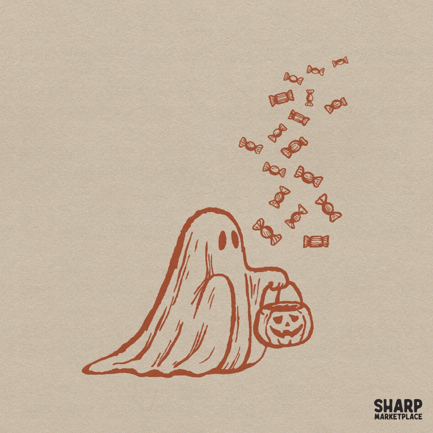 Retro Halloween ghost holding a trick or treat candy bucket PNG for spooky season tumblers and autumn crafts