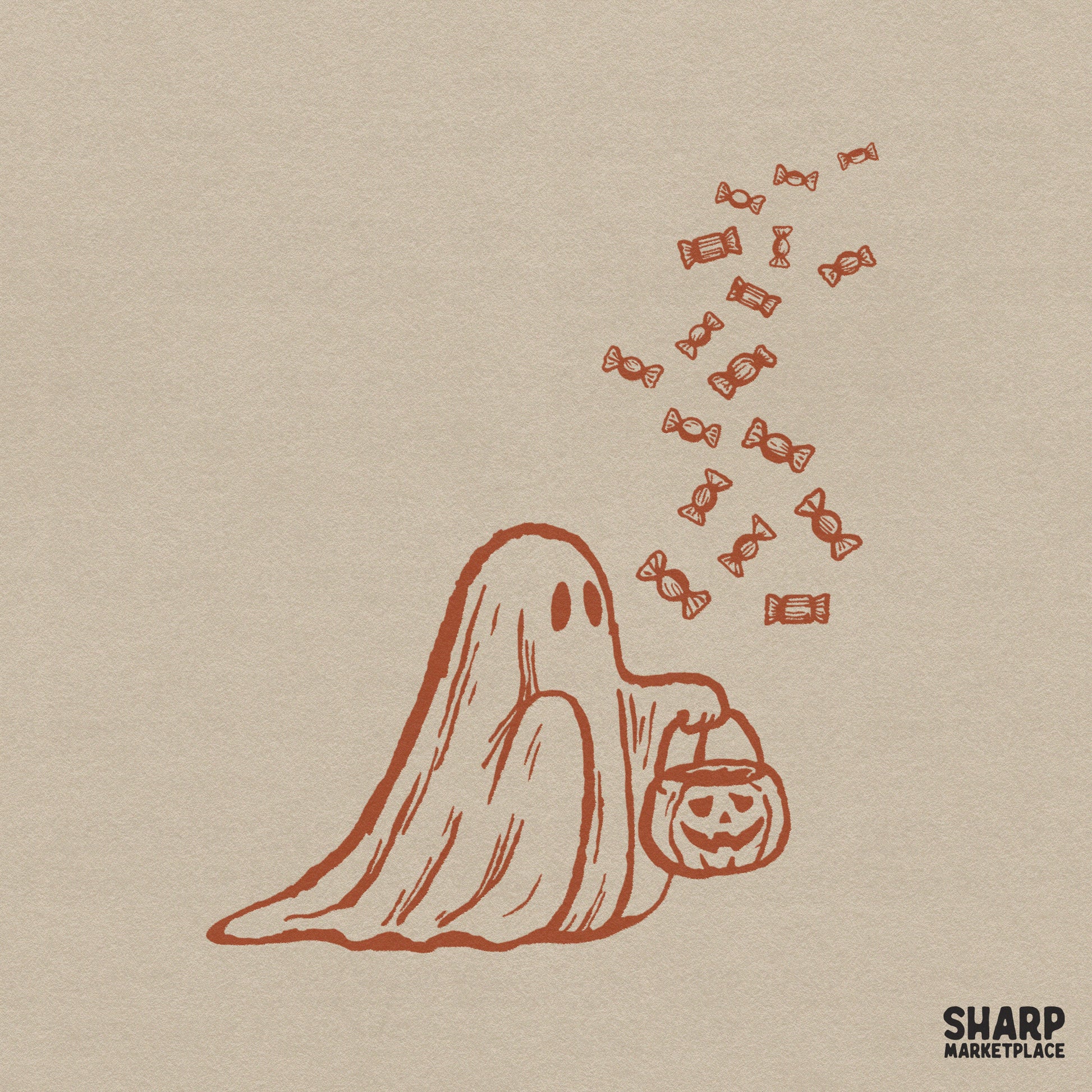 Retro Halloween ghost holding a trick or treat candy bucket PNG for spooky season tumblers and autumn crafts