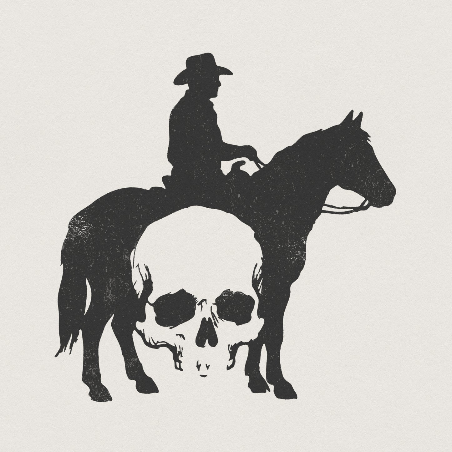 Vintage western silhouette featuring a cowboy on horseback with an integrated skull design, perfect for rustic t-shirt sublimation and apparel.