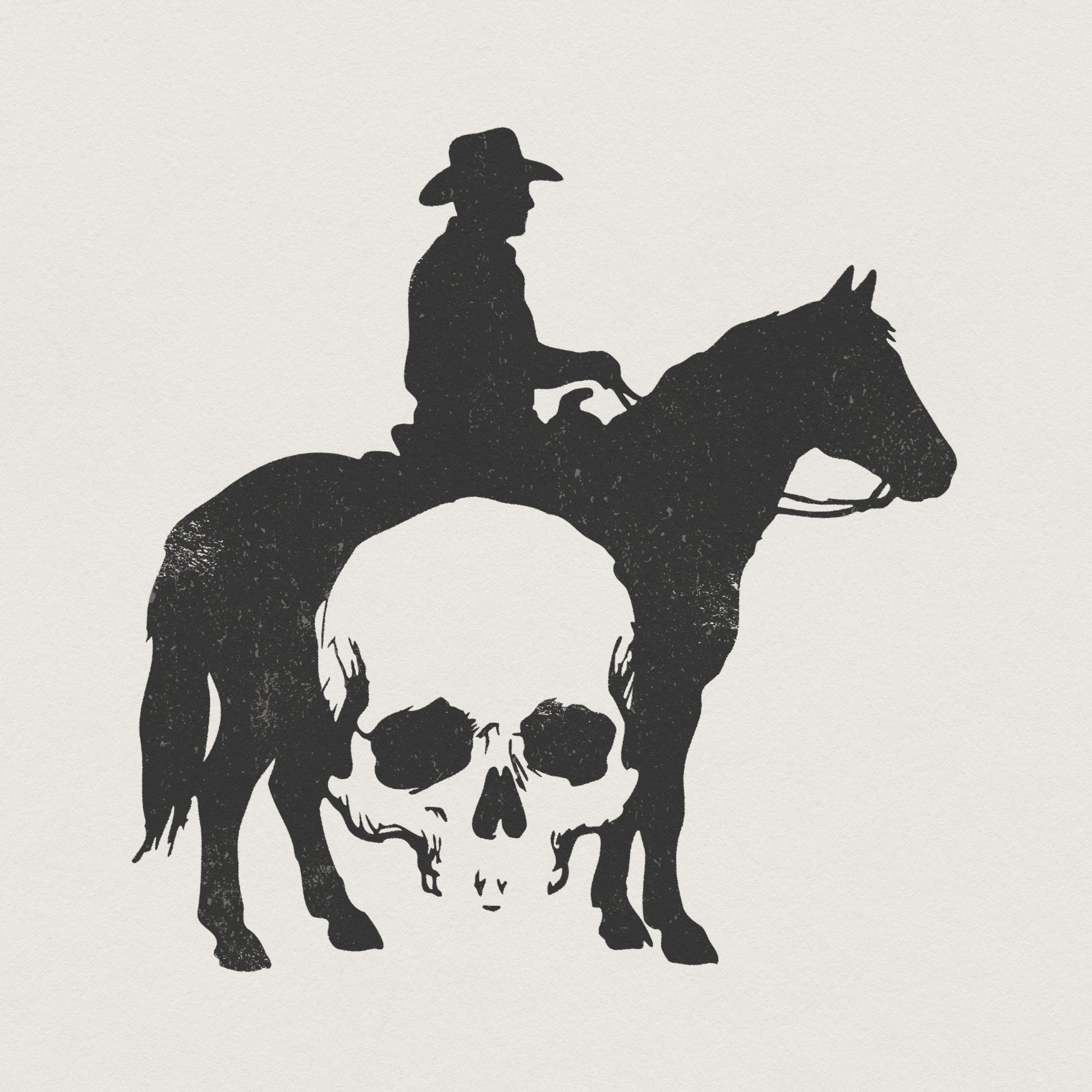 Vintage western silhouette featuring a cowboy on horseback with an integrated skull design, perfect for rustic t-shirt sublimation and apparel.