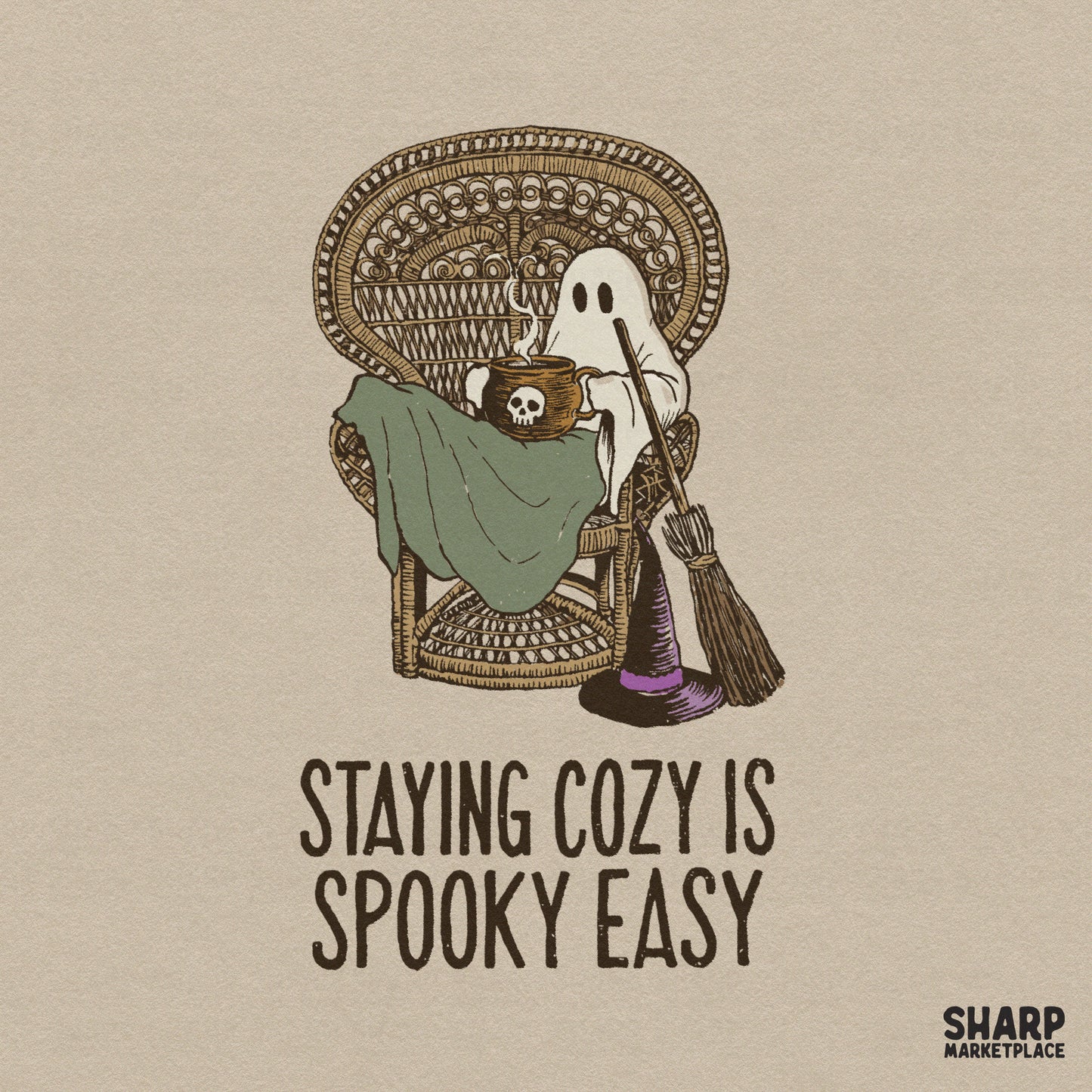 Retro ghost with coffee and witch broom PNG for cozy spooky season shirts and Halloween sublimation designs