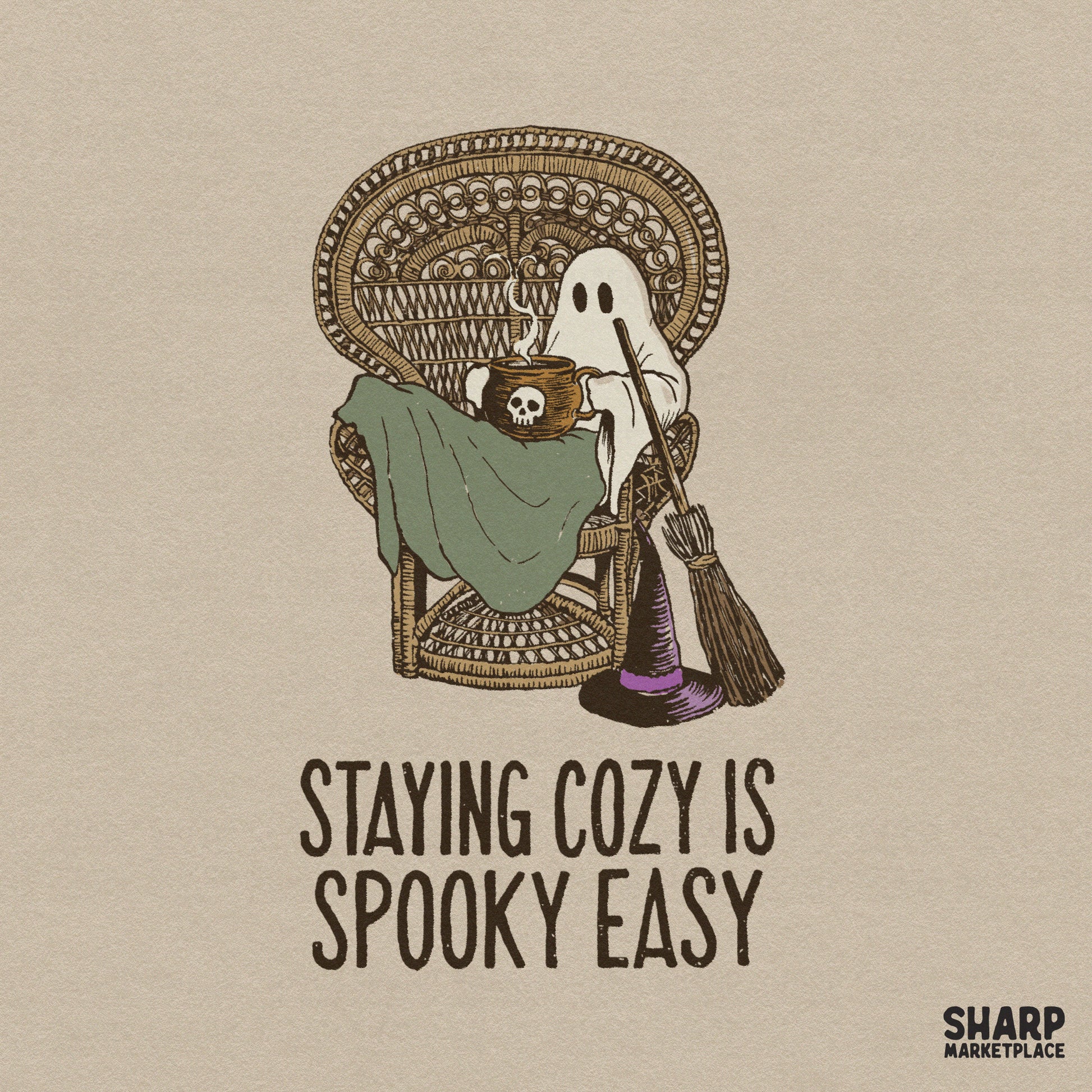 Retro ghost with coffee and witch broom PNG for cozy spooky season shirts and Halloween sublimation designs