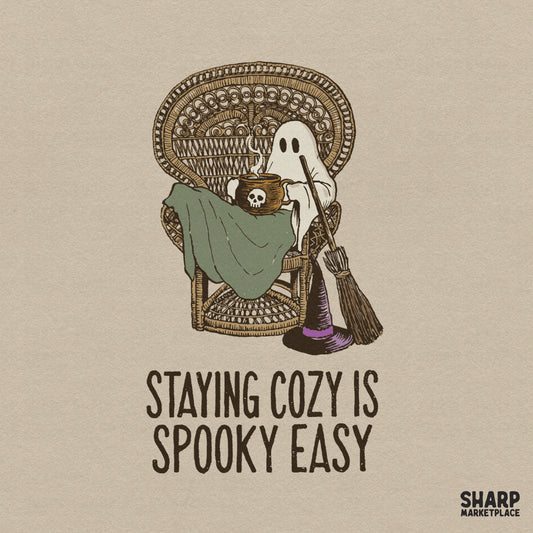 Retro ghost with coffee and witch broom PNG for cozy spooky season shirts and Halloween sublimation designs