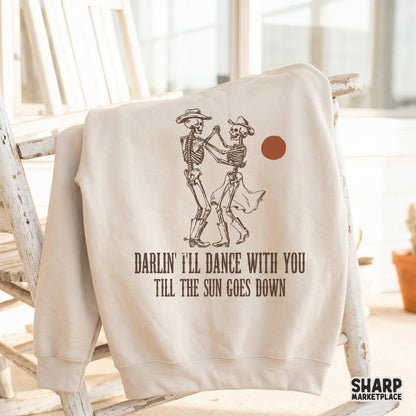 Rustic sepia-toned skeleton couple dancing design with western typography, suitable for creating custom tumblers, stickers, and vintage-style wall art.