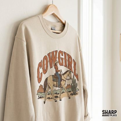 Cowgirl and horse desert illustration with retro typography, ideal for custom t-shirt printing, stickers, and western-themed sublimation designs.