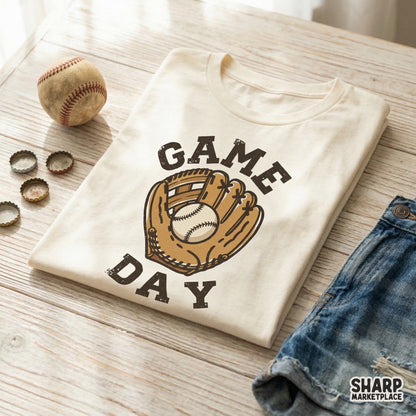 Retro baseball glove and ball digital art with Game Day text in a weathered font, suitable for creating custom team shirts, stickers, and tumblers.