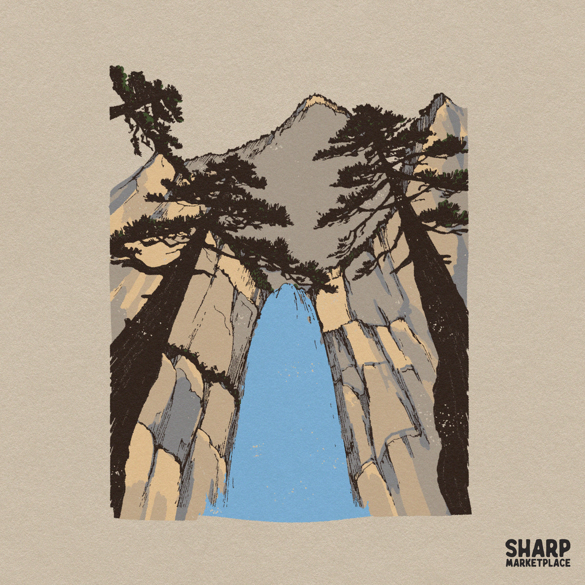 Vintage national park canyon waterfall and pine forest art png design for retro t-shirts and summer camping gear