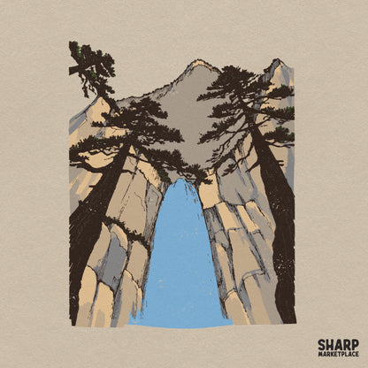 Vintage national park canyon waterfall and pine forest art png design for retro t-shirts and summer camping gear