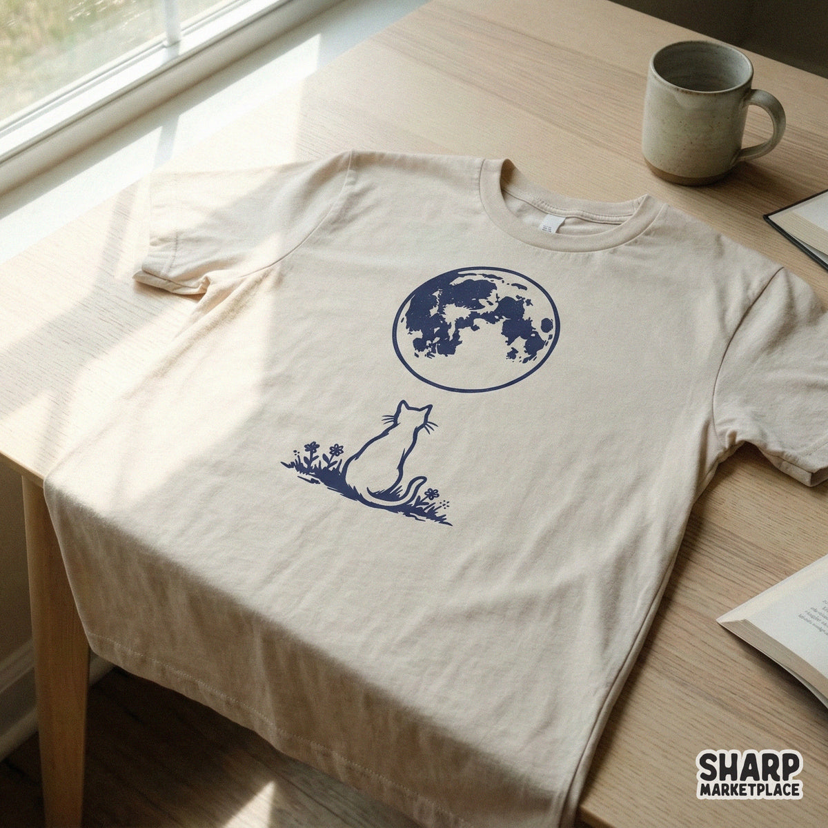 A beige t-shirt mockup featuring a deep blue celestial design of a cat sitting in a wildflower meadow looking up at a full moon.