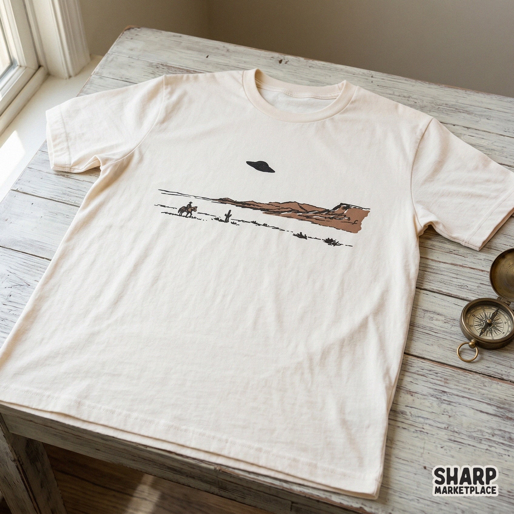 Detailed western desert illustration with a lone rider and hovering UFO, ideal for sublimation transfers, DTF printing, and custom apparel projects.