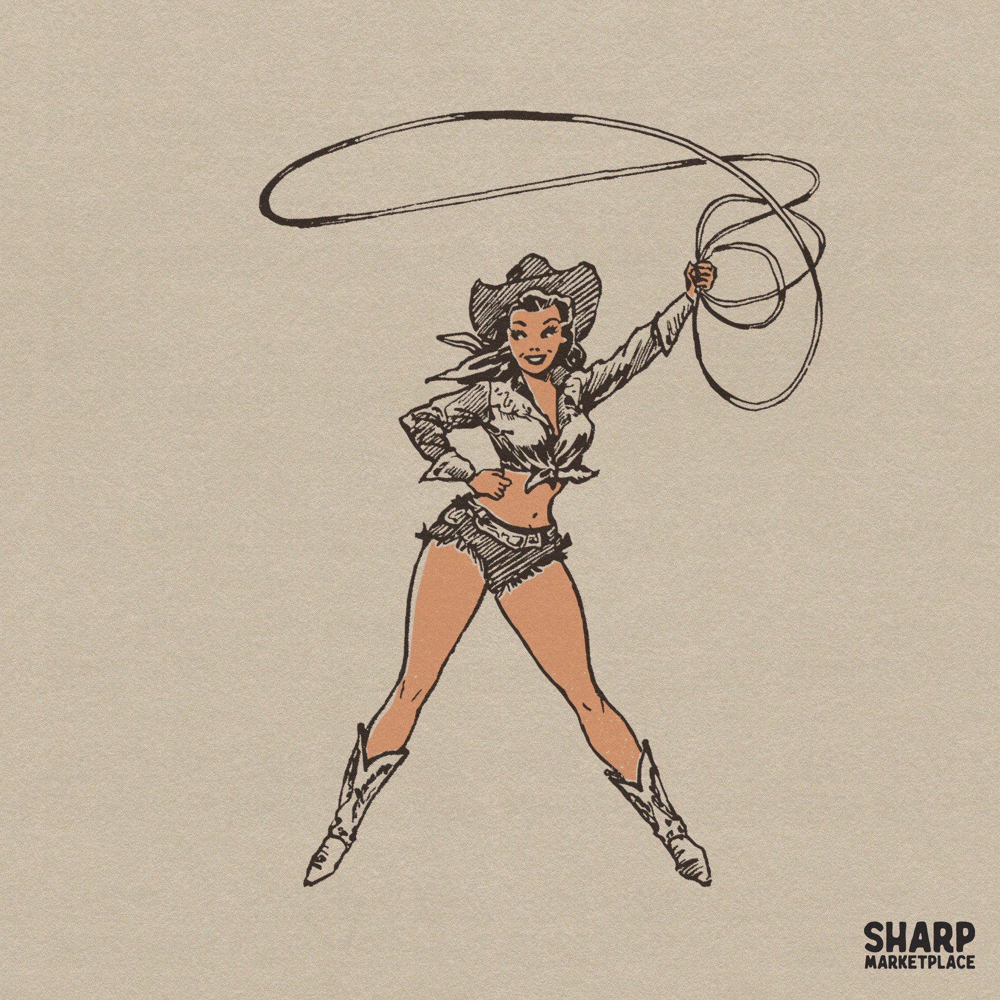 Vintage cowgirl pinup swinging a lasso retro western sublimation design for trendy Y2K country music graphic tees