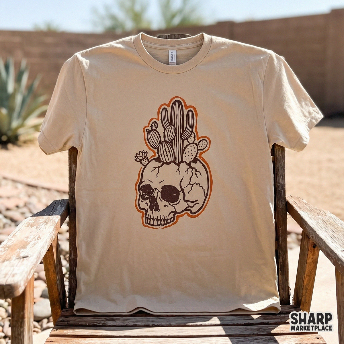 Western desert goth skull design featuring hand-drawn cacti, perfect for creating custom trendy t-shirts, stickers, or southwestern wall art.