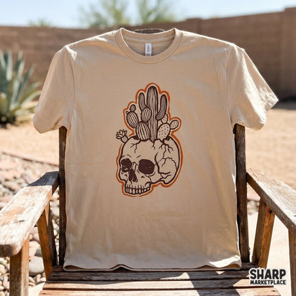 Western desert goth skull design featuring hand-drawn cacti, perfect for creating custom trendy t-shirts, stickers, or southwestern wall art.