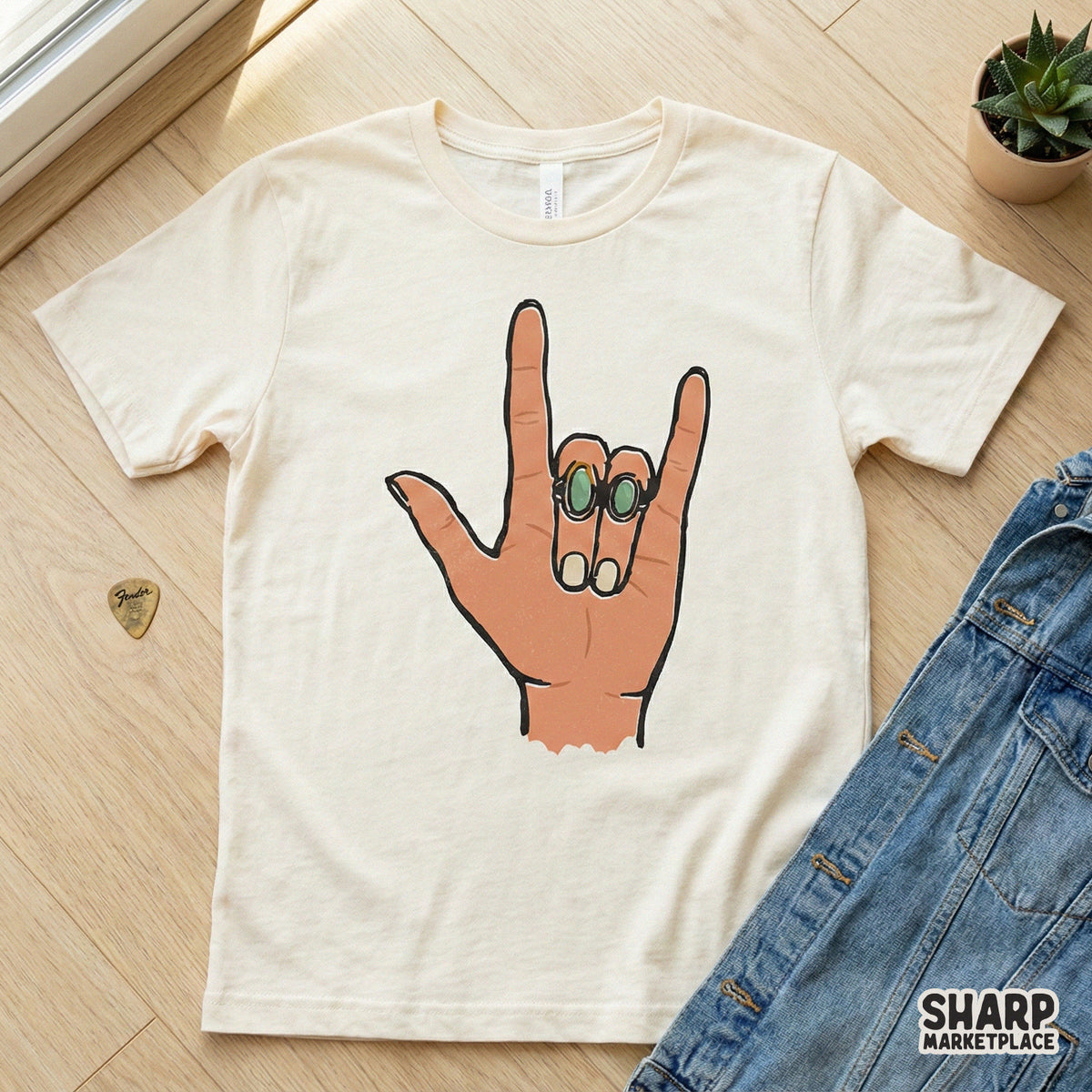 Bohemian style ASL I Love You hand sign illustration featuring green stone rings, perfect for custom t-shirt sublimation or unique apparel designs.
