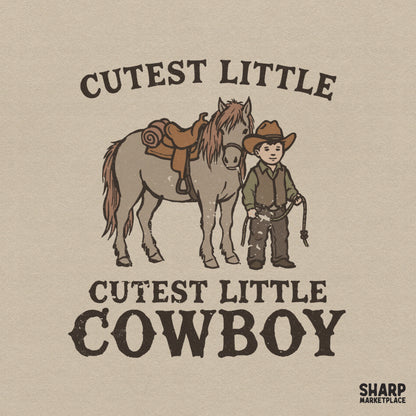 Retro western digital design featuring a young cowboy standing next to a saddled pony with the text Cutest Little Cutest Little Cowboy in brown.