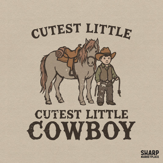 Retro western digital design featuring a young cowboy standing next to a saddled pony with the text Cutest Little Cutest Little Cowboy in brown.