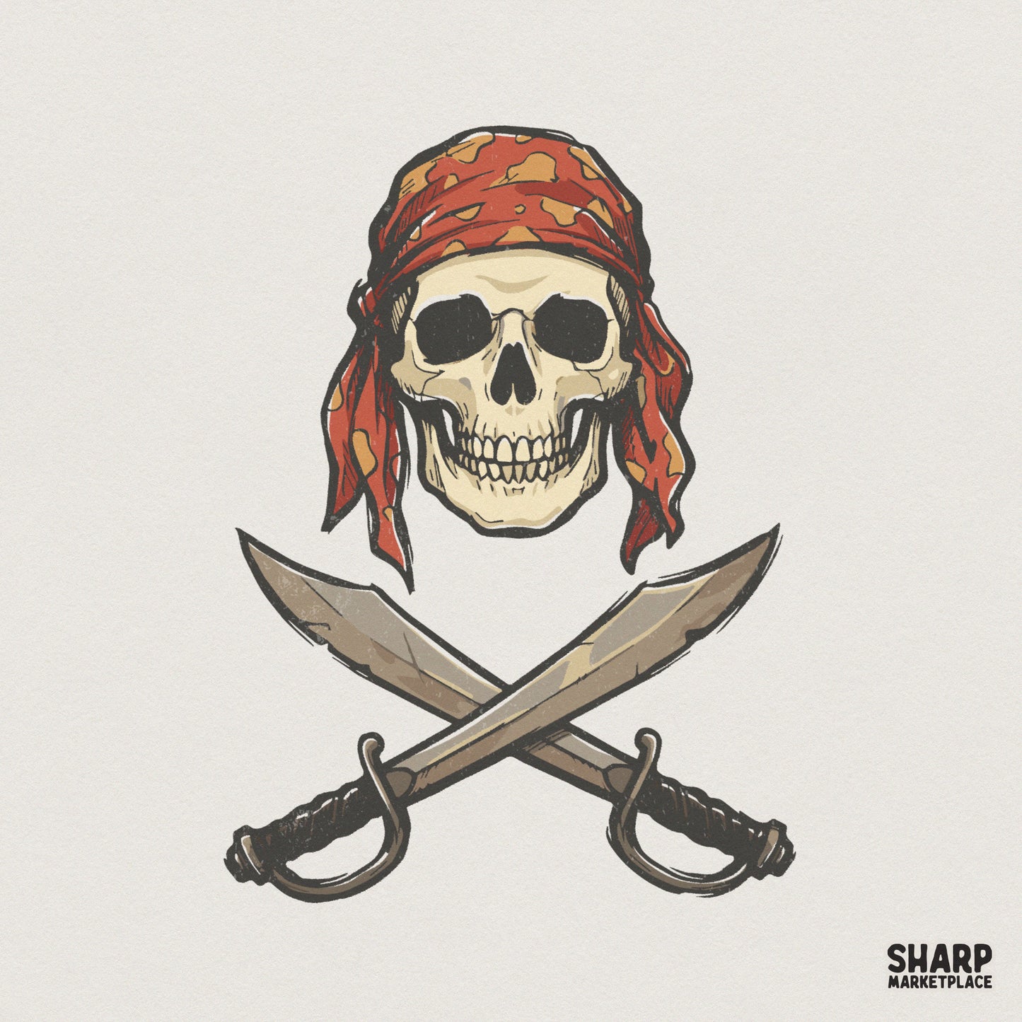 Pirate Skull With Red Bandana PNG, Crossed Swords Pirate Art - 300 DPI