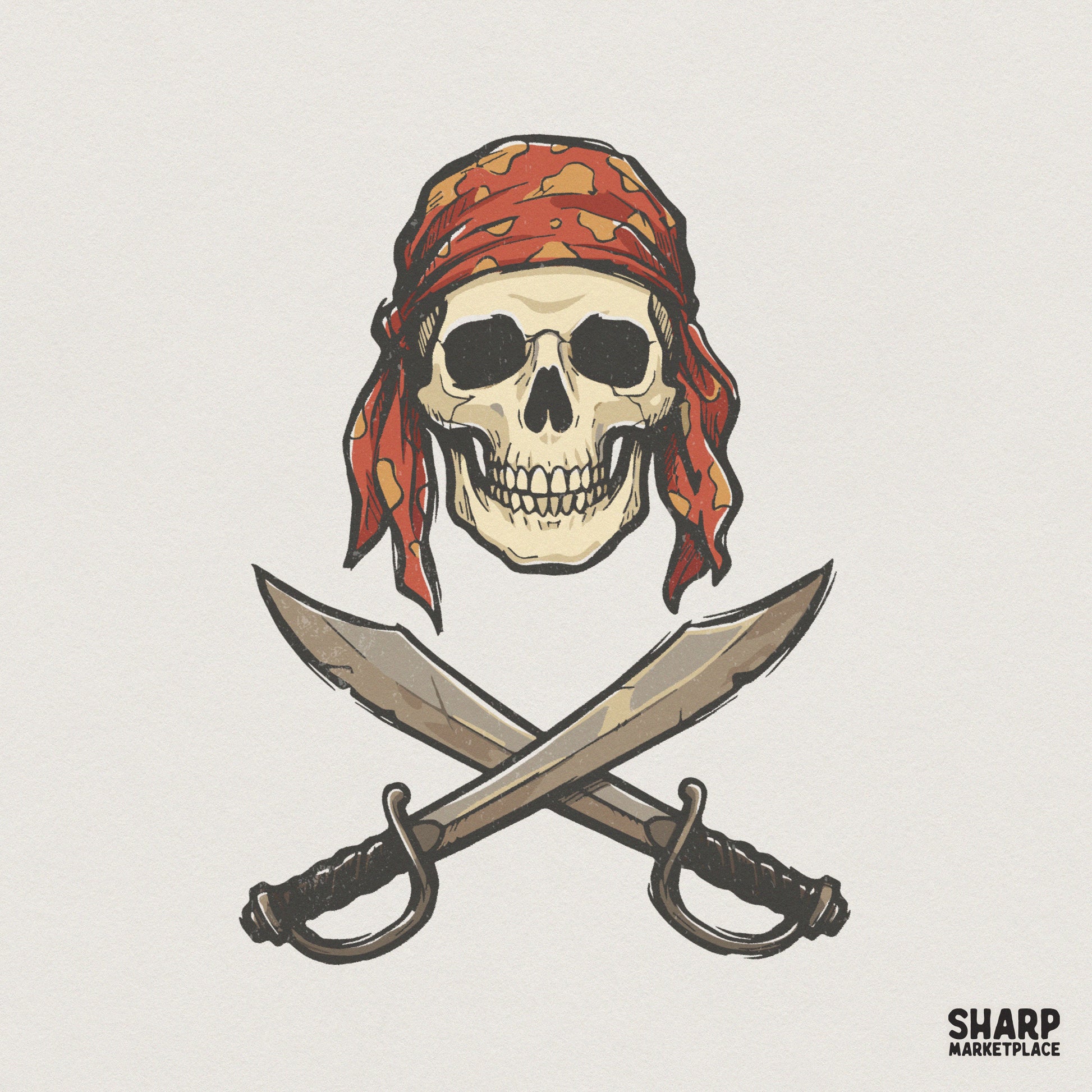 Pirate Skull With Red Bandana PNG, Crossed Swords Pirate Art - 300 DPI