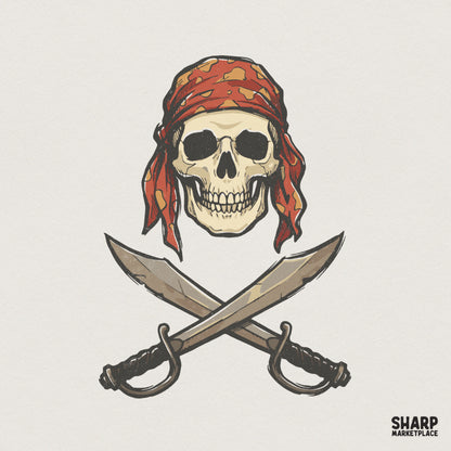 Pirate Skull With Red Bandana PNG, Crossed Swords Pirate Art - 300 DPI
