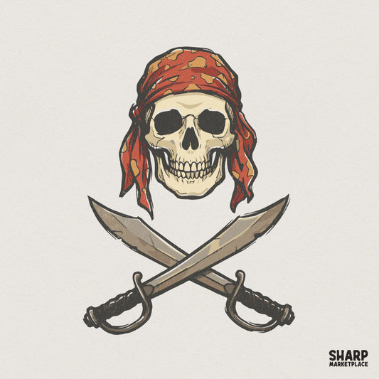 Pirate Skull With Red Bandana PNG, Crossed Swords Pirate Art - 300 DPI
