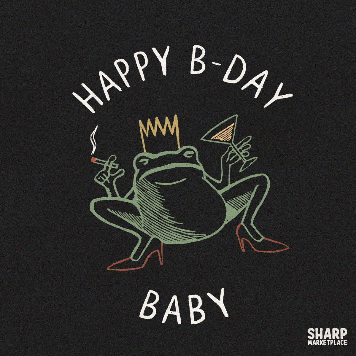 Funny birthday png featuring a retro baby frog in a bikini holding a martini glass for custom shirt designs