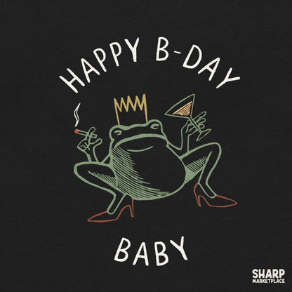 Funny birthday png featuring a retro baby frog in a bikini holding a martini glass for custom shirt designs