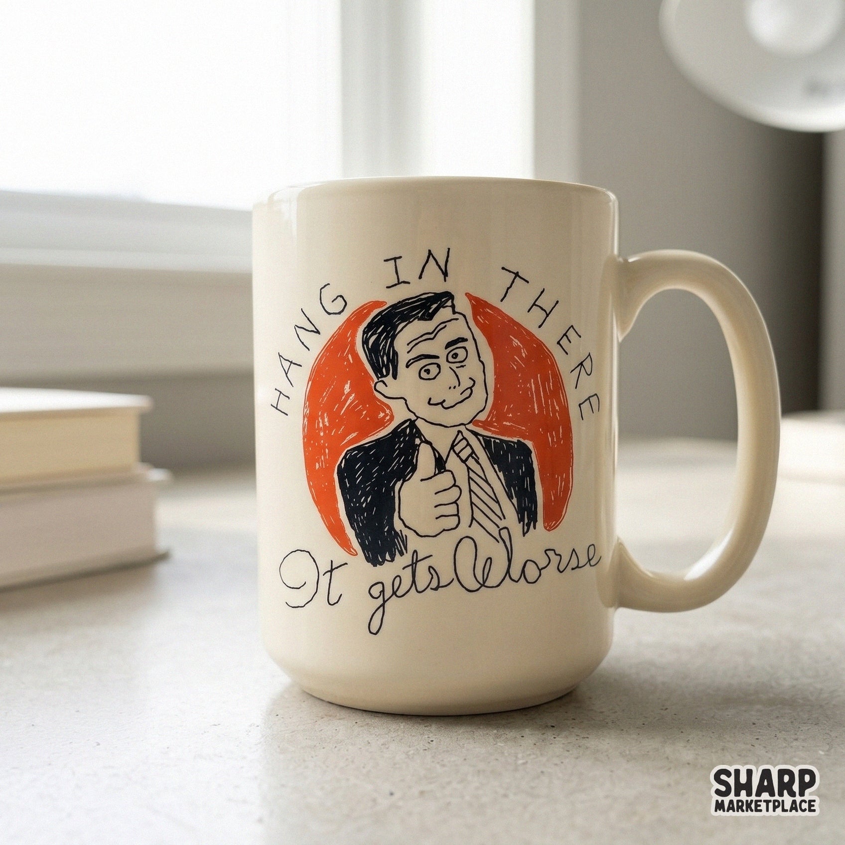 Funny workplace humor graphic featuring a grinning man in a suit and tie giving a thumbs up, perfect for sublimation transfers, stickers, and t-shirt prints.