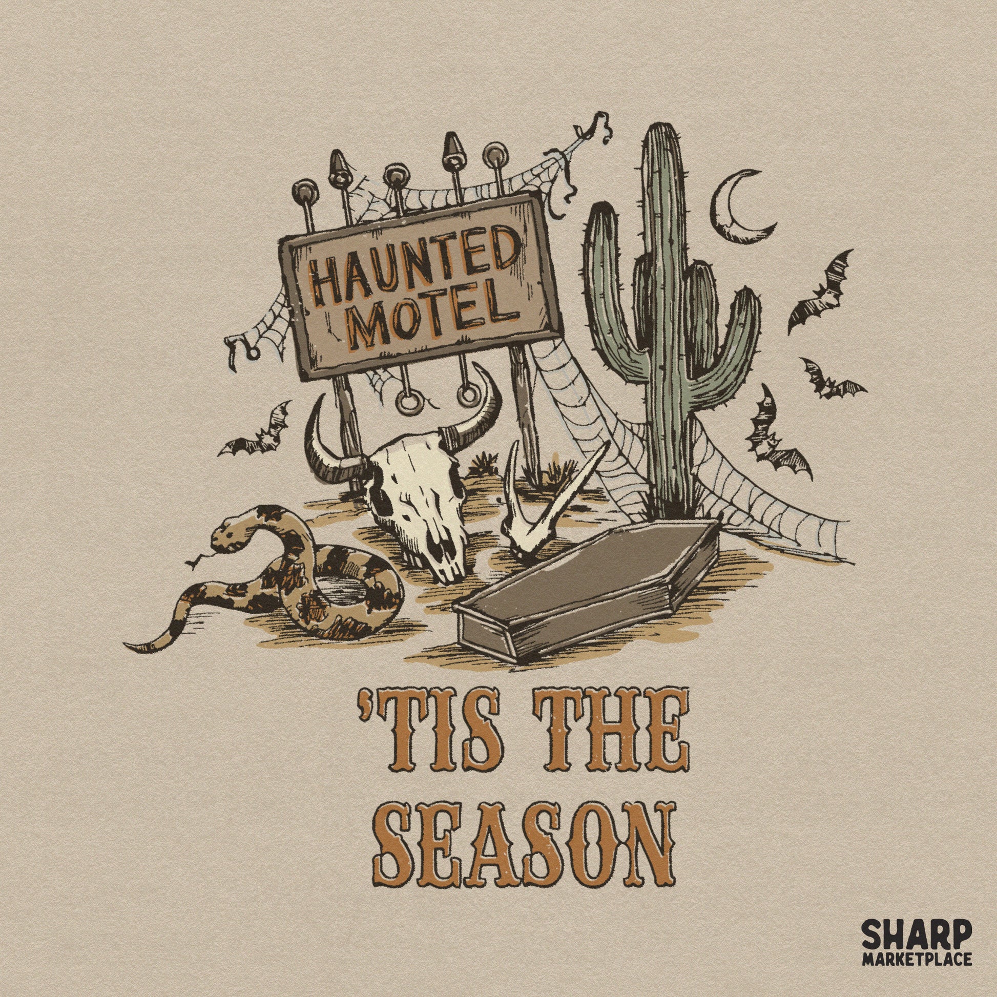 Retro haunted motel with desert skull and western spooky season vibes for Halloween sublimation designs on t-shirts