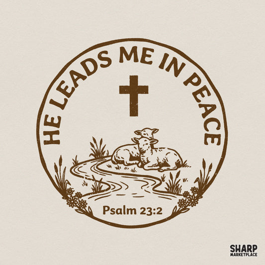 Hand-drawn monochromatic brown illustration of two lambs by a stream with a cross, featuring the text He Leads Me In Peace and Psalm 23:2.