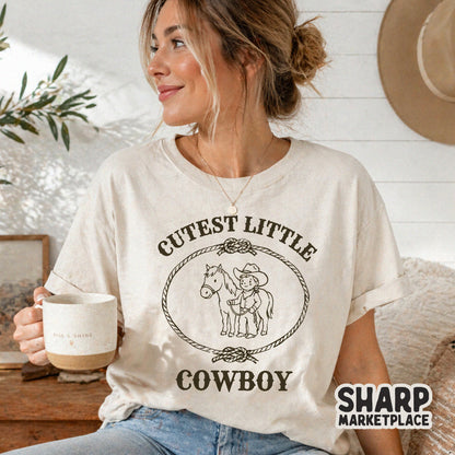 Retro western graphic of a tiny cowboy and his horse pal enclosed in a knotted rope oval, ideal for trendy kids boutique t-shirt printing.