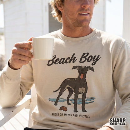 Vintage style digital design featuring a happy spotted dog standing by a seashell and ocean waves, perfect for sublimation or t-shirt printing.
