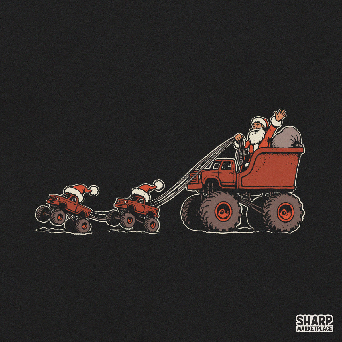 Santa driving a red monster truck sleigh Christmas PNG sublimation clipart for holiday t-shirts