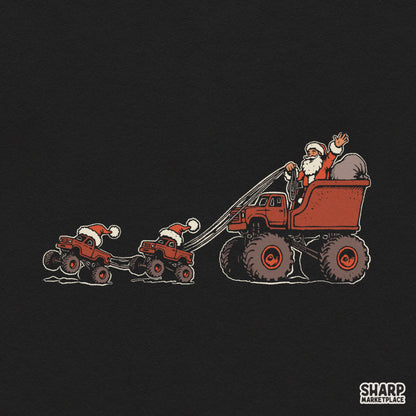 Santa driving a red monster truck sleigh Christmas PNG sublimation clipart for holiday t-shirts