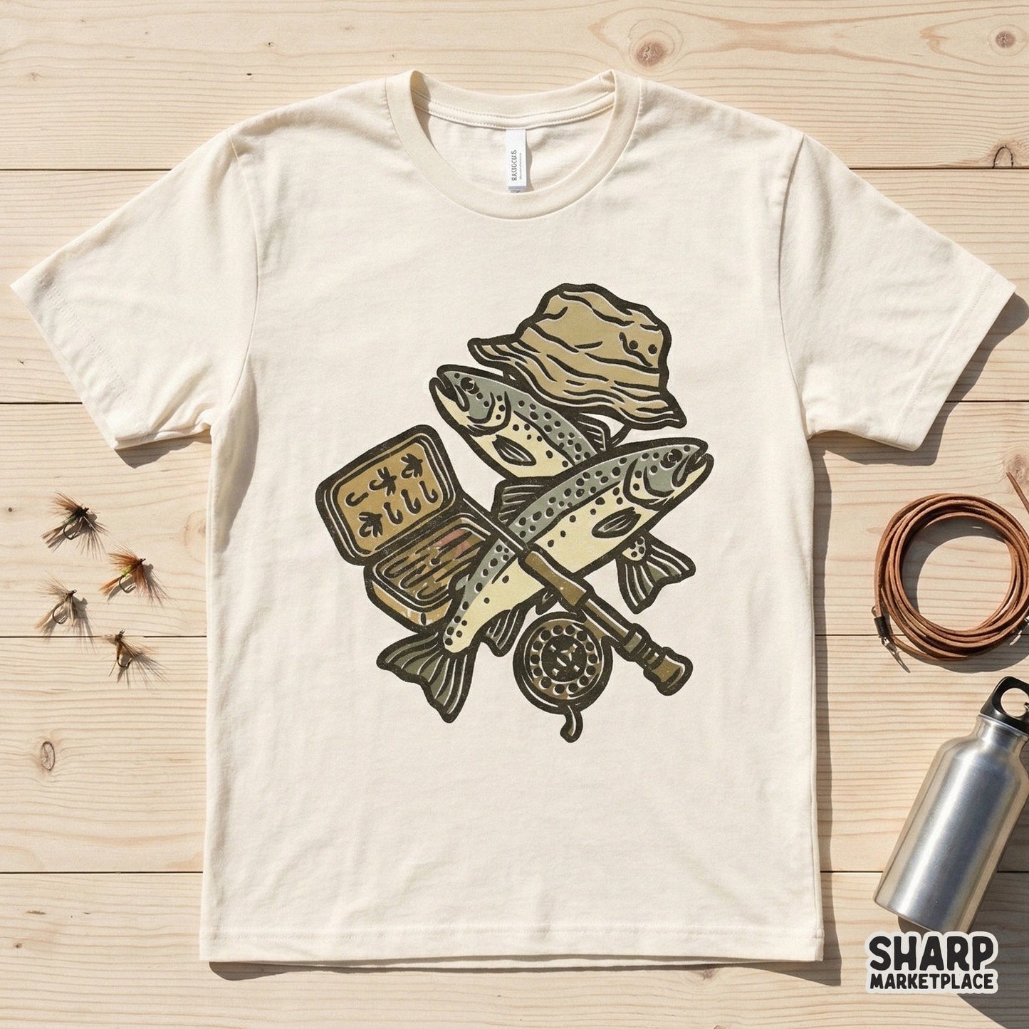 Detailed digital fishing graphic with a retro aesthetic, perfect for sublimation projects, custom t-shirts, and outdoor-themed DIY crafts.