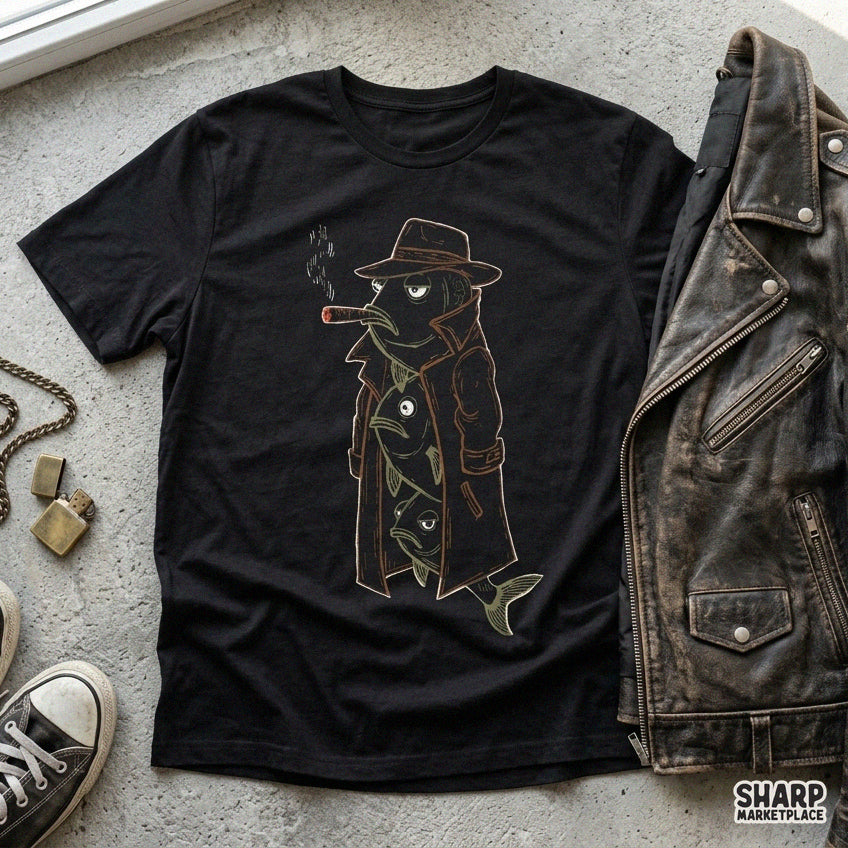 Three fish stacked in a trench coat smoking a cigar retro funny PNG graphic design for t-shirts and sublimation