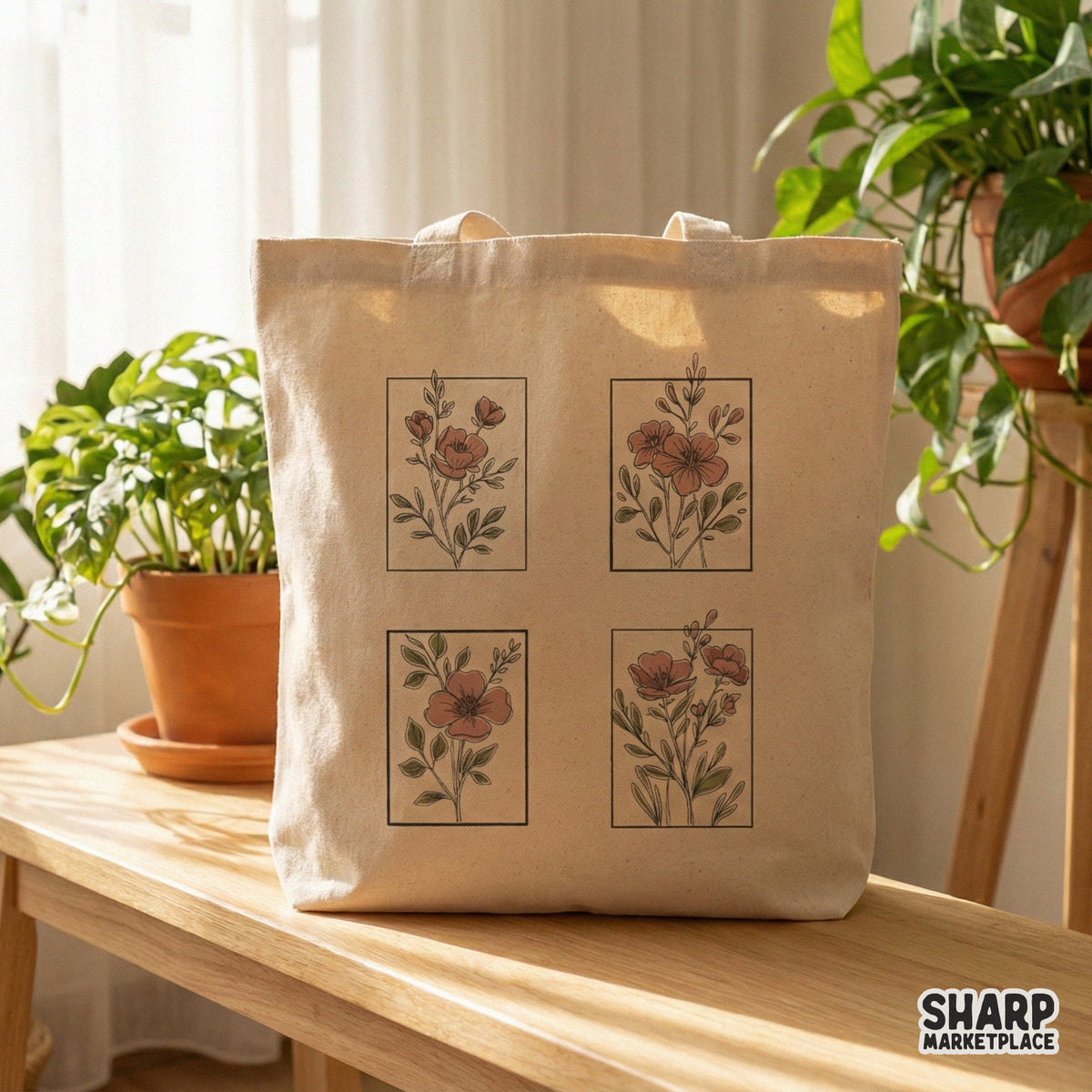 Minimalist floral PNG design showing four delicate hand-drawn flower bouquets with soft pink and green accents, ideal for stickers or wall art.