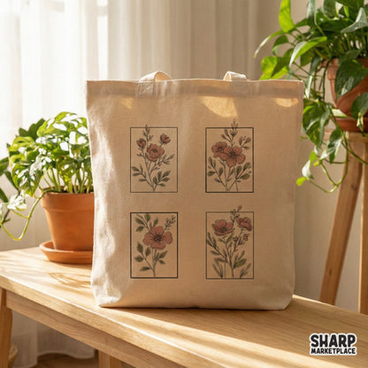 Minimalist floral PNG design showing four delicate hand-drawn flower bouquets with soft pink and green accents, ideal for stickers or wall art.