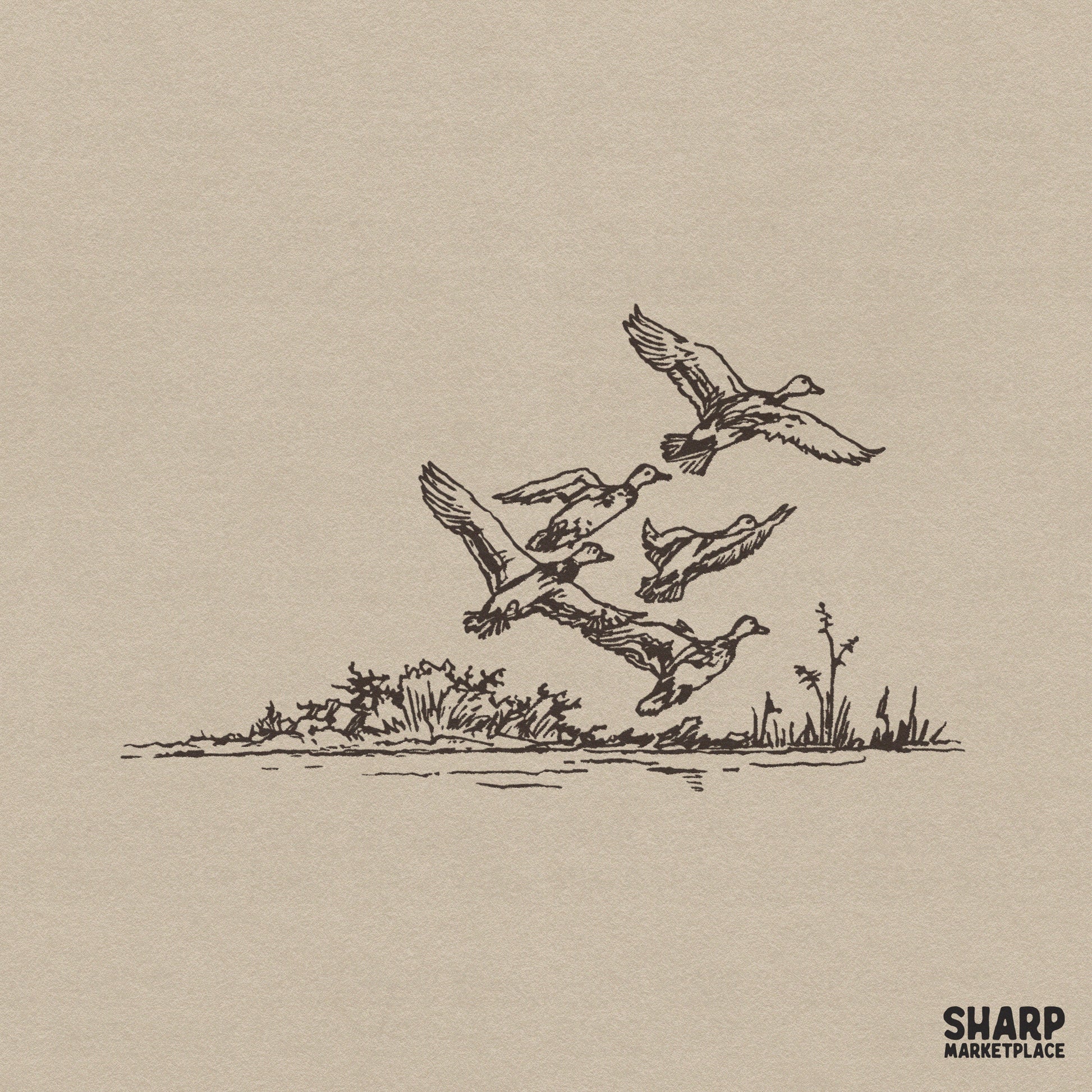 Vintage style line art of a flock of mallard ducks flying over a marshy shoreline with reeds, rendered in monochromatic brown ink on a neutral background.