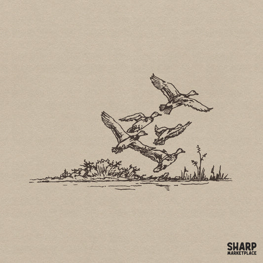 Vintage style line art of a flock of mallard ducks flying over a marshy shoreline with reeds, rendered in monochromatic brown ink on a neutral background.
