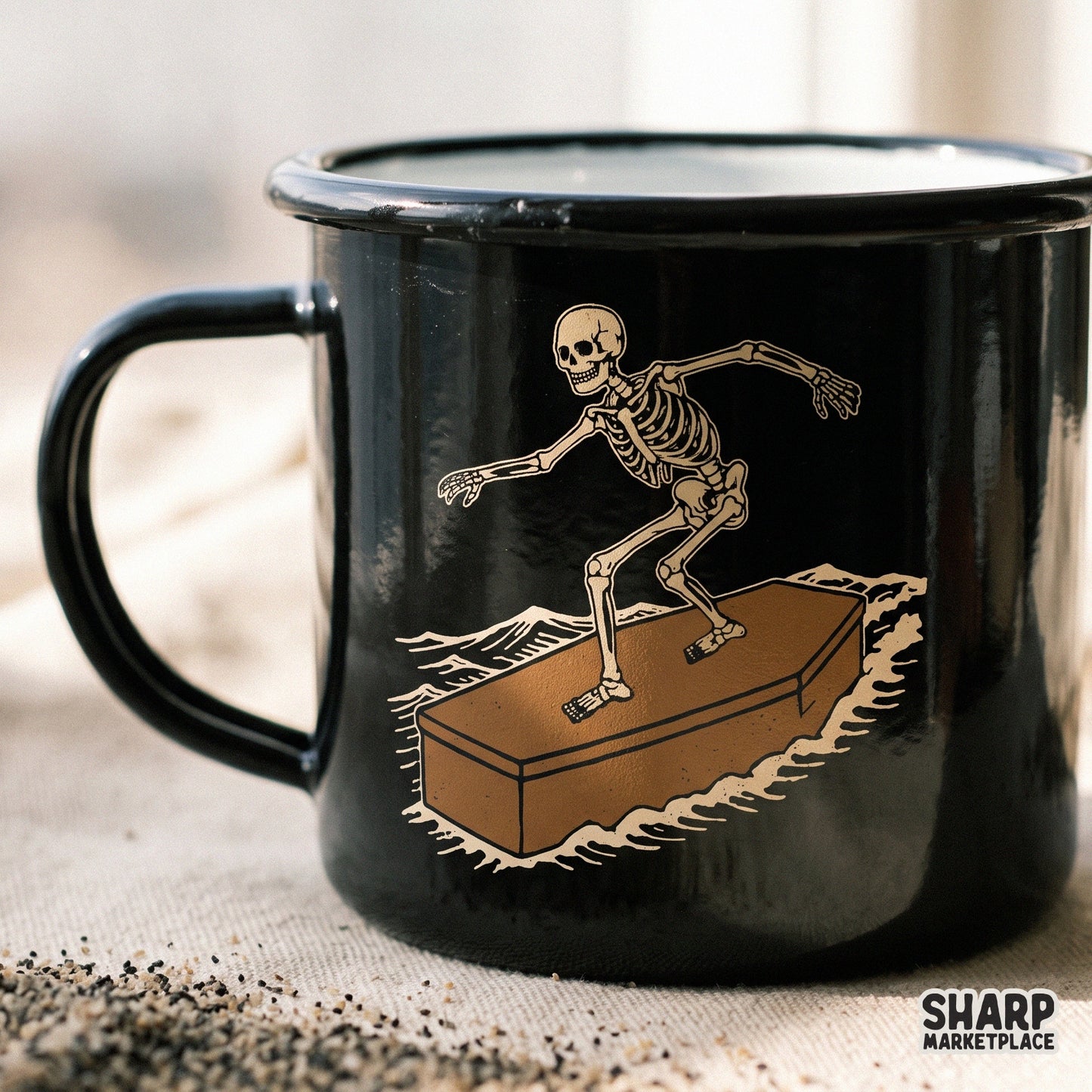 Vintage skeleton surfing on a coffin gothic summer shirt png design for halloween apparel