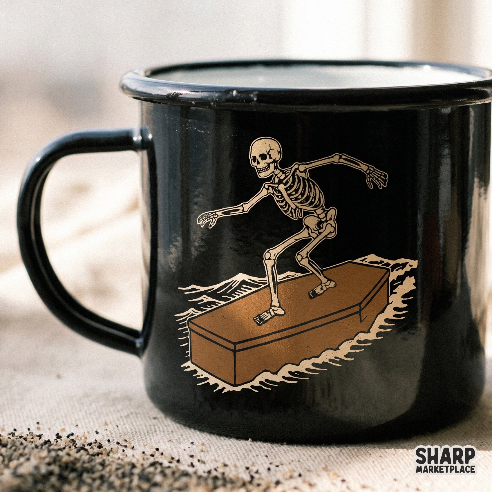 Vintage skeleton surfing on a coffin gothic summer shirt png design for halloween apparel