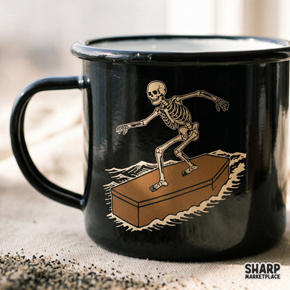 Vintage skeleton surfing on a coffin gothic summer shirt png design for halloween apparel
