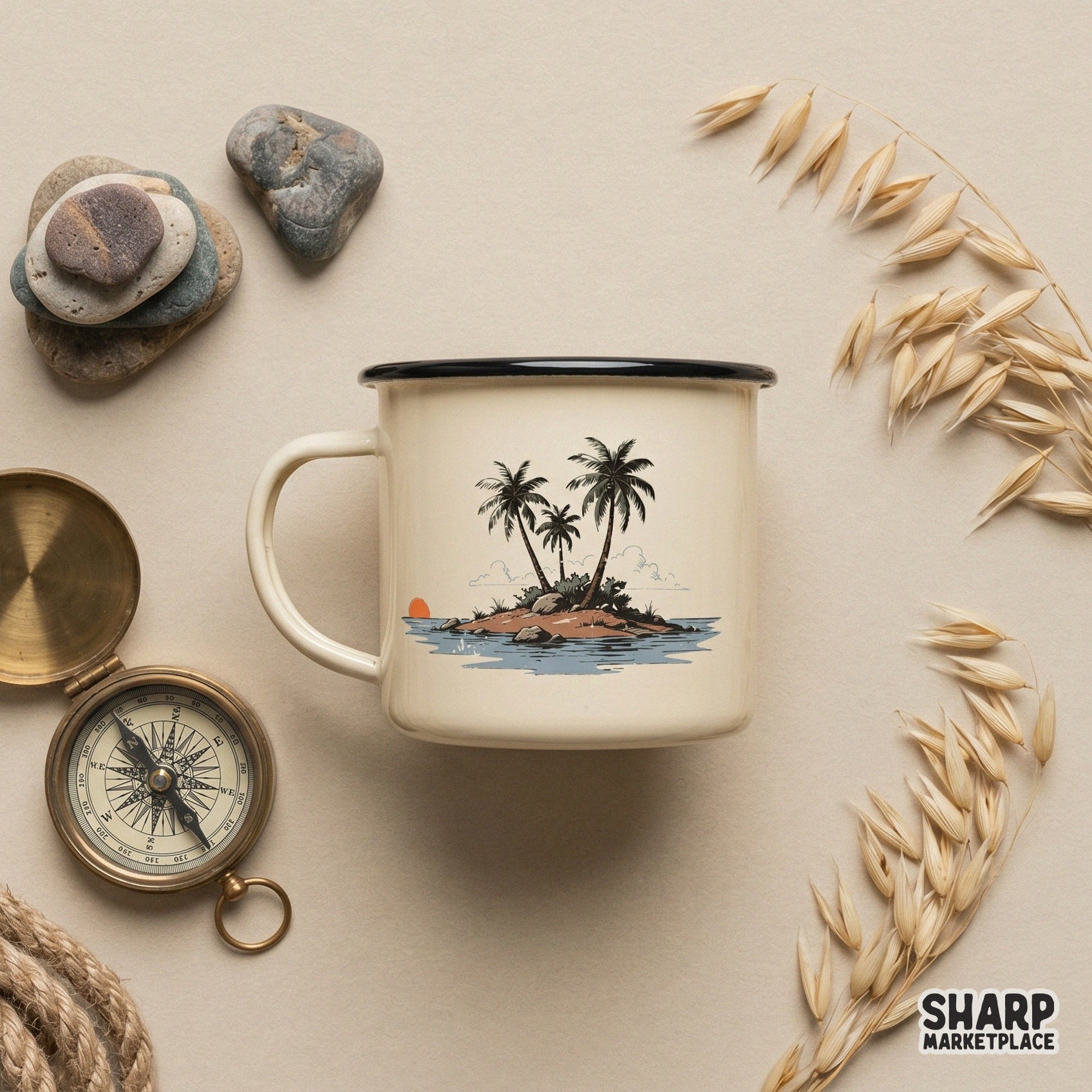 Hand-drawn tropical island scene with calm blue water and palm trees, ideal for DIY beach-themed stickers, tumblers, and printable wall art.