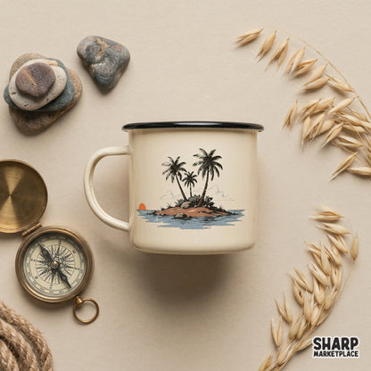 Hand-drawn tropical island scene with calm blue water and palm trees, ideal for DIY beach-themed stickers, tumblers, and printable wall art.